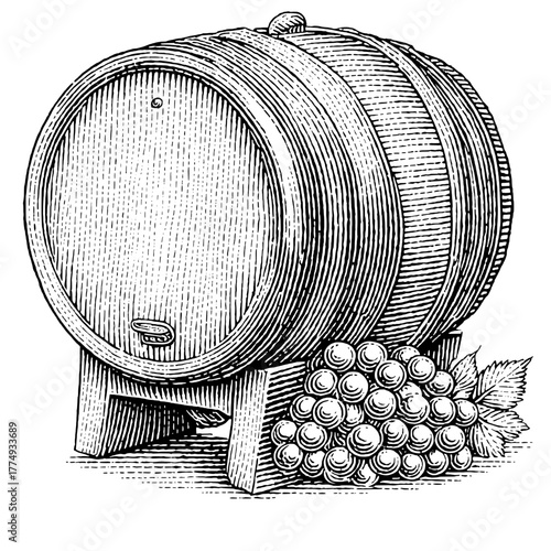 Engraved illustration of a wooden barrel with grapes showcasing the artistry of traditional winemaking