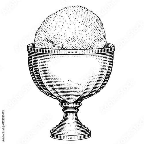 Delightful engraved illustration of a vintage ice cream bowl with a creamy scoop on top, perfect for dessert lovers and culinary artists