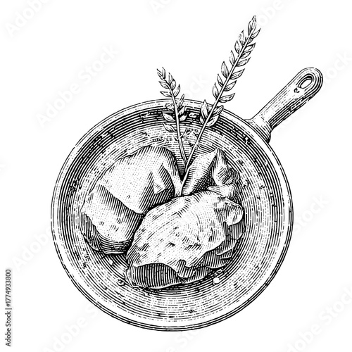 Engraved illustration of a rustic bowl with baked goods and herbs in a delightful kitchen setting