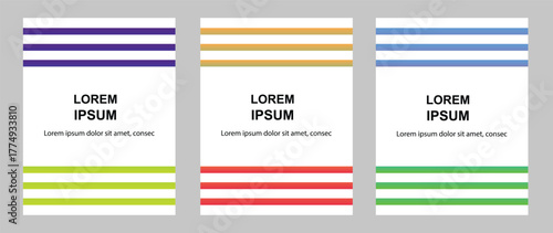 Three abstract cards with lorem ipsum text and horizontal colored lines at the top and bottom
