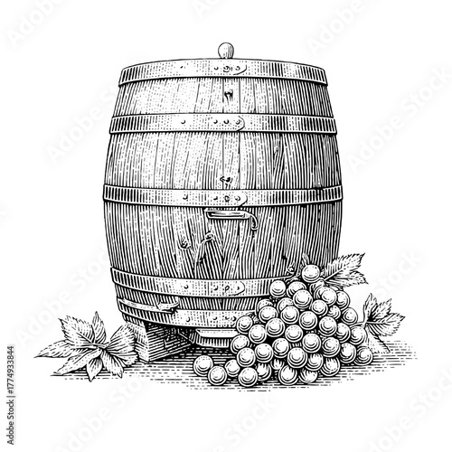 Engraved illustration of a wooden barrel with grapes and leaves, showcasing vintage winemaking tradition