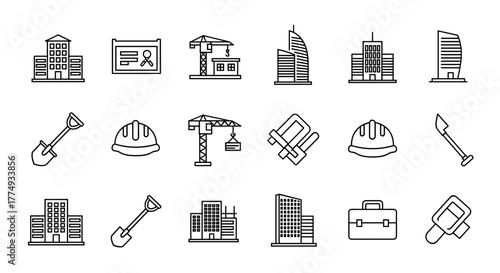 Construction icon collection set, featuring buildings, skyscrapers, cranes, building equipment, and tools, presented in a simple, flat, vector style with ordered lines, perfect for architectural and