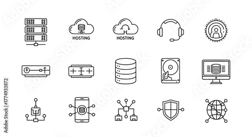 Modern thin line vector illustration set of technology-related icons, including server racks, hosting symbols, technical support graphics, and data center elements, perfect for digital presentations