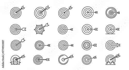 Collection of twenty distinct dartboard and arrow icons, presented in a clean, white line art style against a solid black background, symbolizing focus, accuracy, and achievement in various business