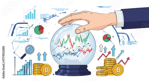 Futuristic financial market forecast and prediction visualized through a crystal ball displaying stock charts and cryptocurrency prices, with a hand overseeing the analysis, symbolizing investment
