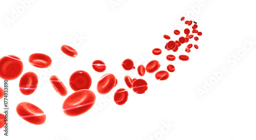 Abstract hematology wave of vivid red blood cells glowing and moving in a dark capillary, set against a red background, representing medical technology and science, with a sense of motion and flow