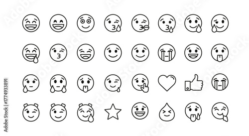 Collection of 36 outline-style smiley emoticons and emojis, including laughing, crying, winking, and thumbs up icons, presented as a vector set on a black background, perfect for digital