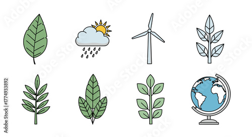 Set of ESG Environmental, Social, and Governance line icons, featuring climate crisis, renewable energy, and nature elements like leaves and a globe, representing sustainability and corporate