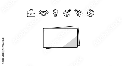 A collection of business-related icons, including a briefcase, handshake, lightbulb, target, gears, and a dollar coin, arranged above two blank white rectangular cards on a black background