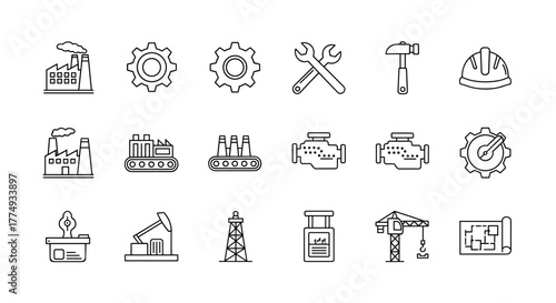 Industrial line icon set featuring production, manufacturing, construction, engineering, industrial engines, gears, wrenches, hammers, hard hats, oil rigs, factories, and blueprints, representing the