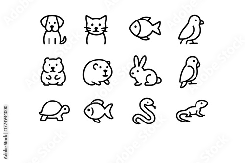 Dog, cat, and other animals illustrated in simple line art style with a minimalist approach