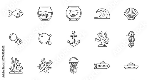 A collection of minimalistic linear vector icons representing aquatic life and marine elements, including fish, aquariums, waves, shells, seahorses, coral, jellyfish, submarines, and boats, perfect