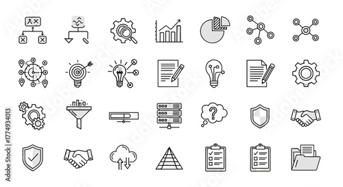 Algorithm and Infographics Outline Image Collection: A versatile set of editable stroke vector graphics perfect for infographics, articles, books, flyers, and banners, showcasing concepts like data