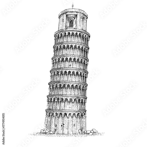 Engraved illustration of a famous leaning tower showcasing intricate architectural details and historical significance