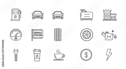 A minimalist collection of editable stroke outline web line icons representing various aspects of a gas station and automotive services, including a gas pump, cars, a service station sign, a tire, a