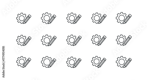 Minimalistic thin line icon set featuring gears and pencils, symbolizing settings, configuration, creation, and development. Ideal for web design, app interfaces, banners, social media, and graphic