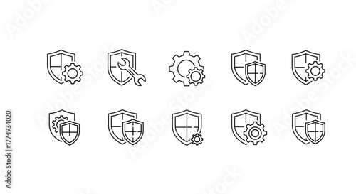 Set of minimalist thin line icons representing security and settings, featuring shields combined with gears and wrenches, suitable for web design, app interfaces, banners, social networks, and