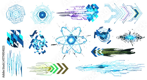 Futuristic glowing digital elements and abstract shapes, including circuit board patterns, atomic models, and geometric designs, rendered in vibrant blue and purple hues on a black background