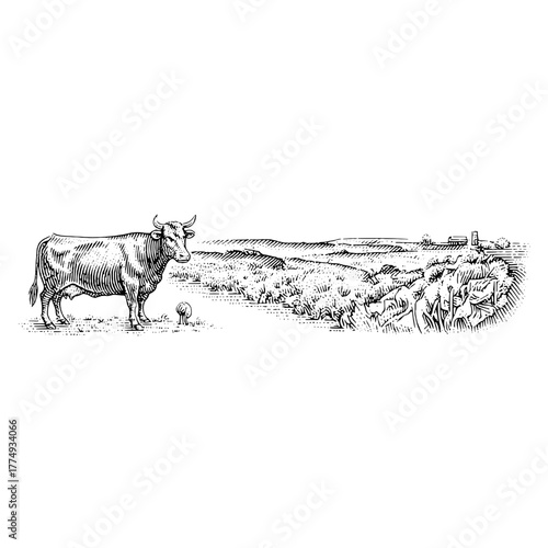 Engraved illustration of a cow grazing in a serene landscape with distant farms during a sunny day
