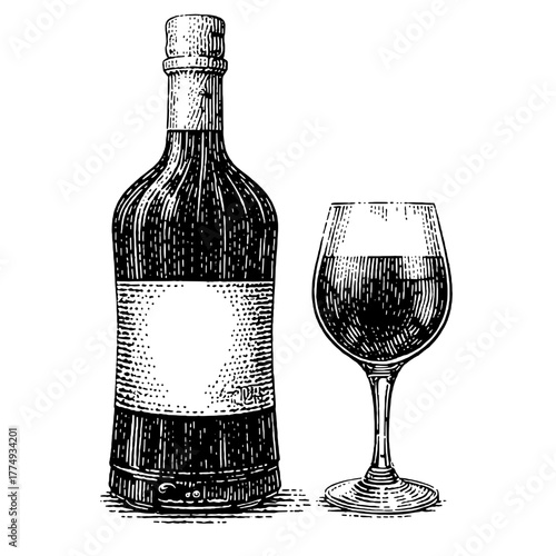 Engraved illustration set showcasing a classic wine bottle and glass in detailed line art