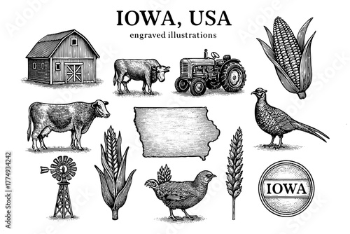 Engraved illustrations capturing the essence of Iowa's farming heritage with cows, crops, and rustic elements