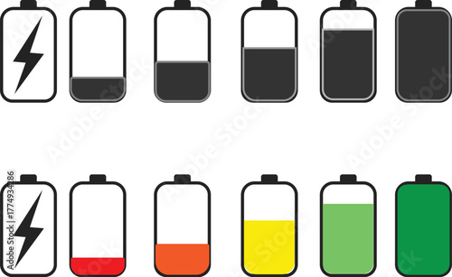 Battery charge levels depicted in a graphic showing different stages of power from empty to full capacity