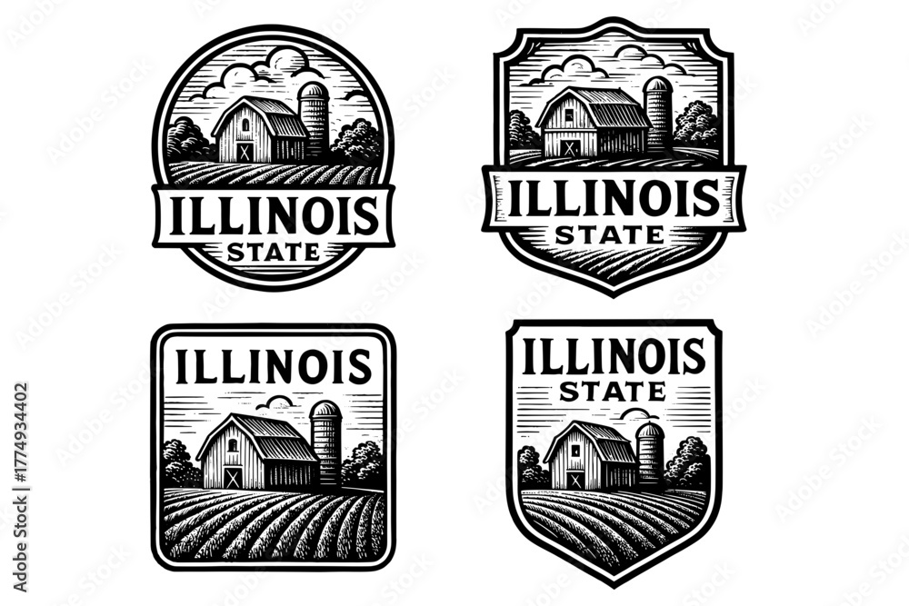 Obraz premium Engraved illustration set featuring vintage designs of Illinois state with barns and fields