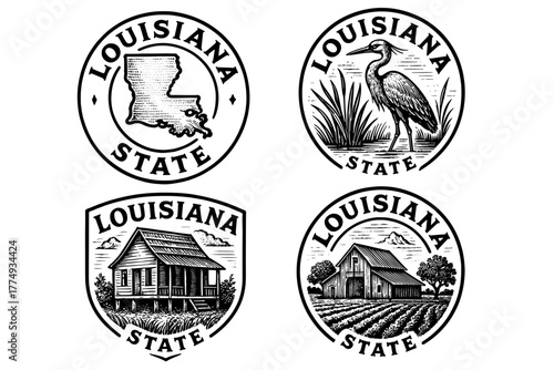 Engraved illustrations of Louisiana's cultural heritage featuring state symbols, wildlife, and landscapes in vector format