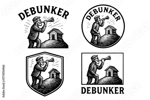 Engraved illustrations featuring a debunker calling out from a hilltop home in a unique vector art style