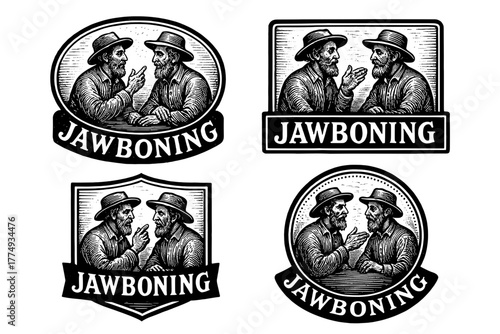 Conversation between two wise men captured in detailed engraved illustrations showcasing traditional jawboning customs