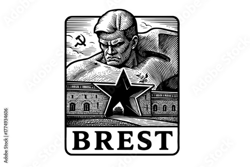 Engraved illustration showcasing historical monument and architecture in Brest, capturing a moment of strength and heritage