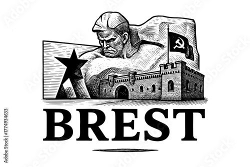 Engraved illustration of Brest fortress with historical themes showcasing strength and resilience in a unique artistic style
