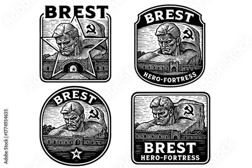 Engraved vector illustration set featuring Brest hero-fortress and historical symbols of bravery and resilience