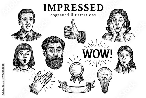 Engraved illustrations capturing a range of human emotions from surprise to admiration with elegant details and unique expressions