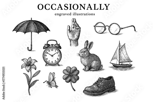 Engraved illustration set featuring various objects depicting everyday life and nature with a vintage touch