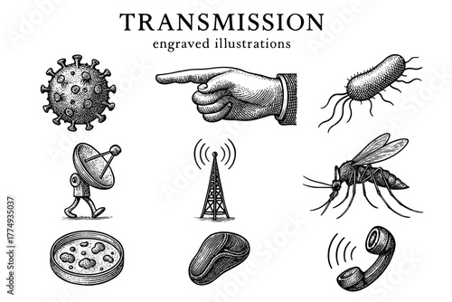 Engraved illustrations showcasing the concept of transmission through various vectors and mediums for educational use