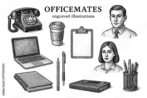 Engraved illustrations showcasing an office scene with vintage elements and stylish coworkers