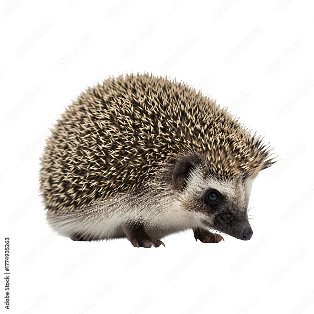 Obraz premium A defensive hedgehog raises its sharp spines, reacting to danger and preparing to protect itself from an approaching predator in the wild.