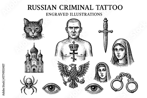 Engraved illustrations of Russian criminal tattoos featuring symbols of power and identity in an artistic set