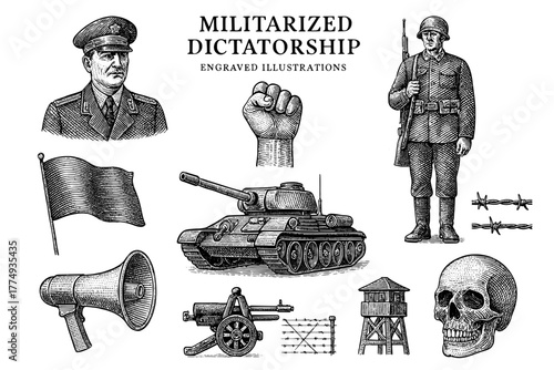Engraved illustrations depicting symbols of militarized dictatorship in detailed vector style