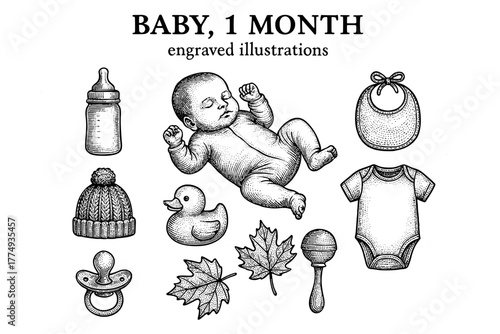 Engraved illustrations of a one-month-old baby with infant accessories and adorable details