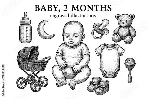 Engraved illustrations depicting a two-month-old baby with essential items for early childhood