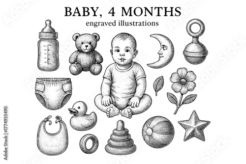 Engraved illustration set featuring a four-month-old baby with toys and accessories in a playful design
