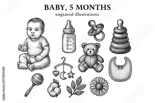 Engraved illustration set featuring a five-month-old baby and essential baby items in a charming design