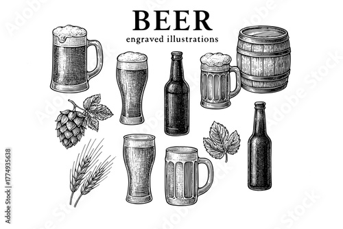 Engraved illustrations of various beer styles and brewing elements showcasing craftsmanship and tradition