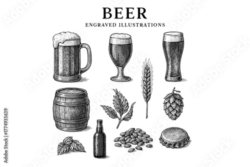 Engraved illustrations showcasing various beer styles, ingredients, and brewing elements in a detailed vector set bundle