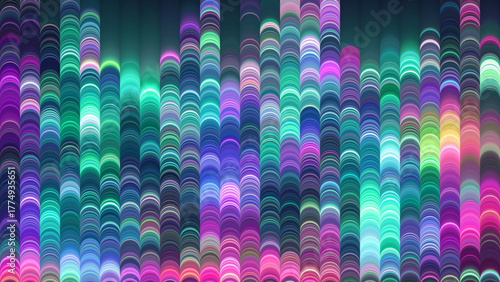 Neon circles rise like glowing towers in futuristic cityscape. Waves of luminous circles form vertical patterns of radiant urban light. Circular lights flows upward like skyscrapers in neon twilight