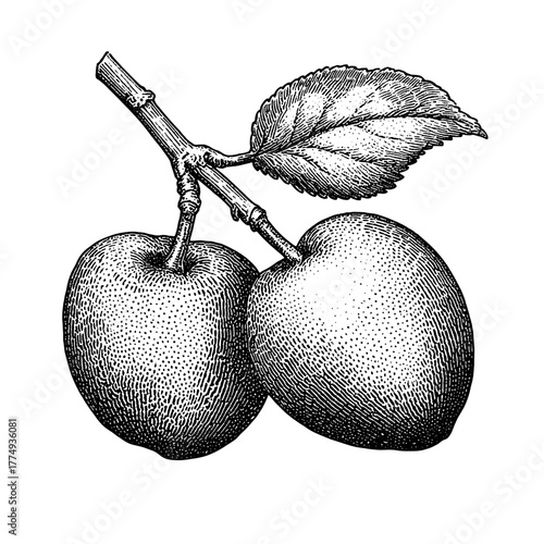 Engraved vector illustration of ripe plums on a branch with detailed texture and leaf design showcasing natural beauty