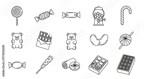 Collection of outline-style candy illustrations, including lollipops, gummy bears, chocolates, candy canes, and a gumball machine, perfect for infographics, articles, books, flyers, and banners