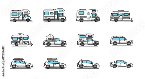 Collection of stylized, flat line art icons representing various recreational vehicles and cars, including motorhomes, campers, SUVs, and station wagons, perfect for graphic design, web applications